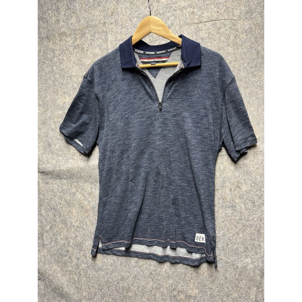 Vintage Tommy‎ Hilfiger Denim 1/4 zip Short Sleeve Polo Shirt Blue Size M